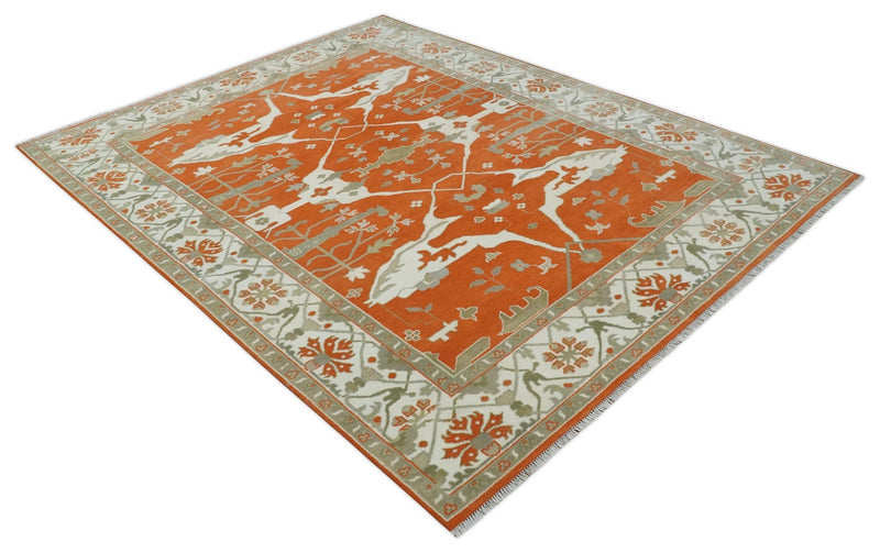 Orange, Ivory and Olive Hand knotted Oriental Oushak Multi Size wool Area Rug - The Rug Decor