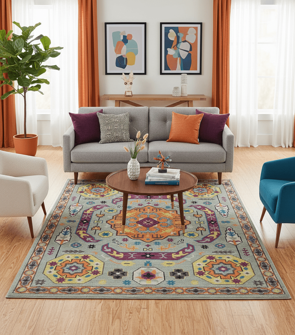 Orange, Silver and Mustard Traditional Mamluk Design Medallion Multi Size wool Area Rug - The Rug Decor