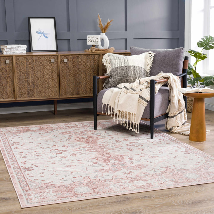Oriental Medallion Design Light Pink and Beige high pile Area Rug - The Rug Decor