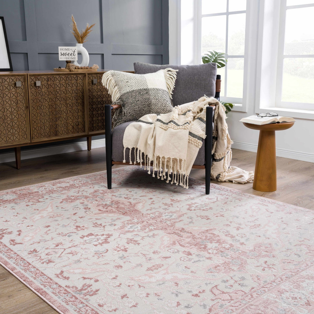 Oriental Medallion Design Light Pink and Beige high pile Area Rug - The Rug Decor