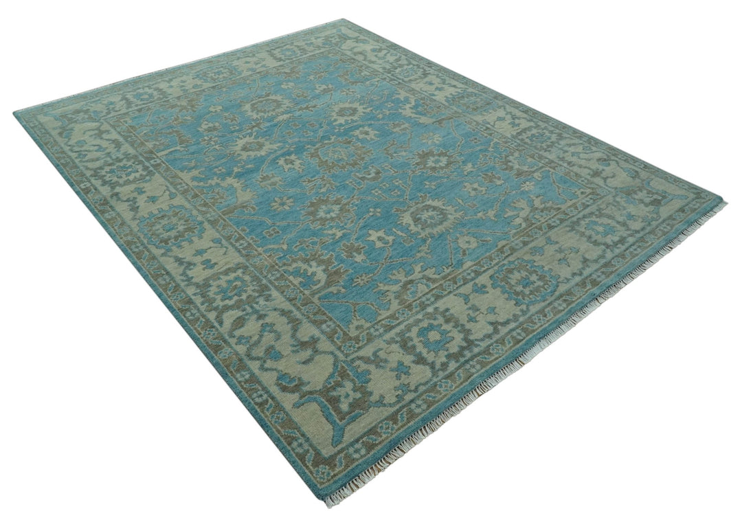 Origin Custom Made Blue and Beige Oushak Hand Knotted Wool Rug - The Rug Decor