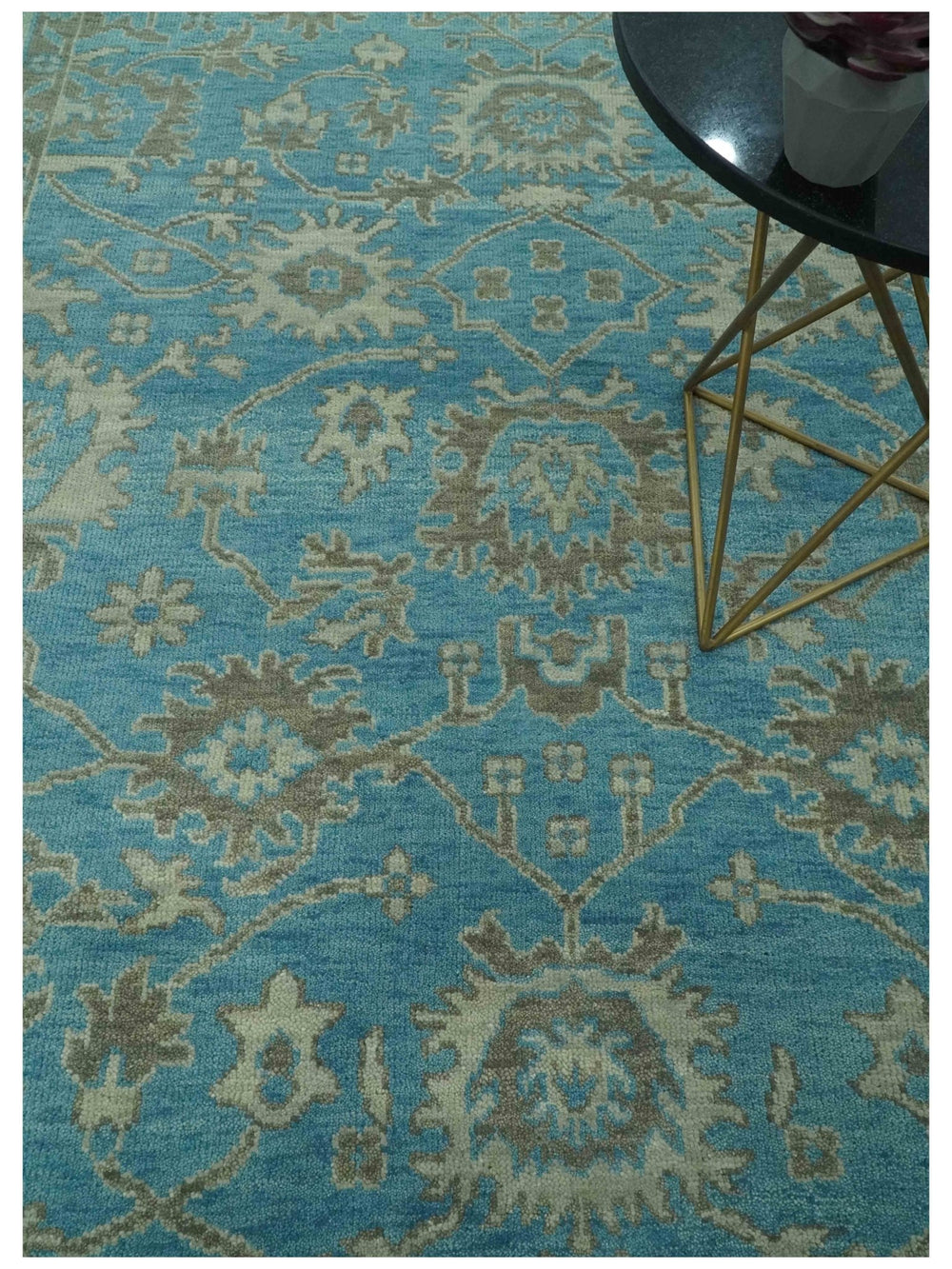 Origin Custom Made Blue and Beige Oushak Hand Knotted Wool Rug - The Rug Decor