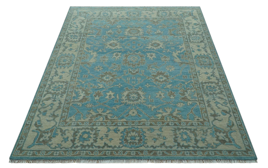 Origin Custom Made Blue and Beige Oushak Hand Knotted Wool Rug - The Rug Decor