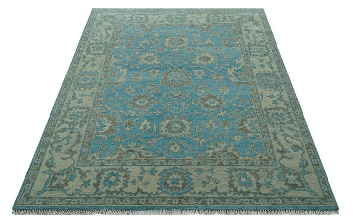 Origin Custom Made Blue and Beige Oushak Hand Knotted Wool Rug - The Rug Decor