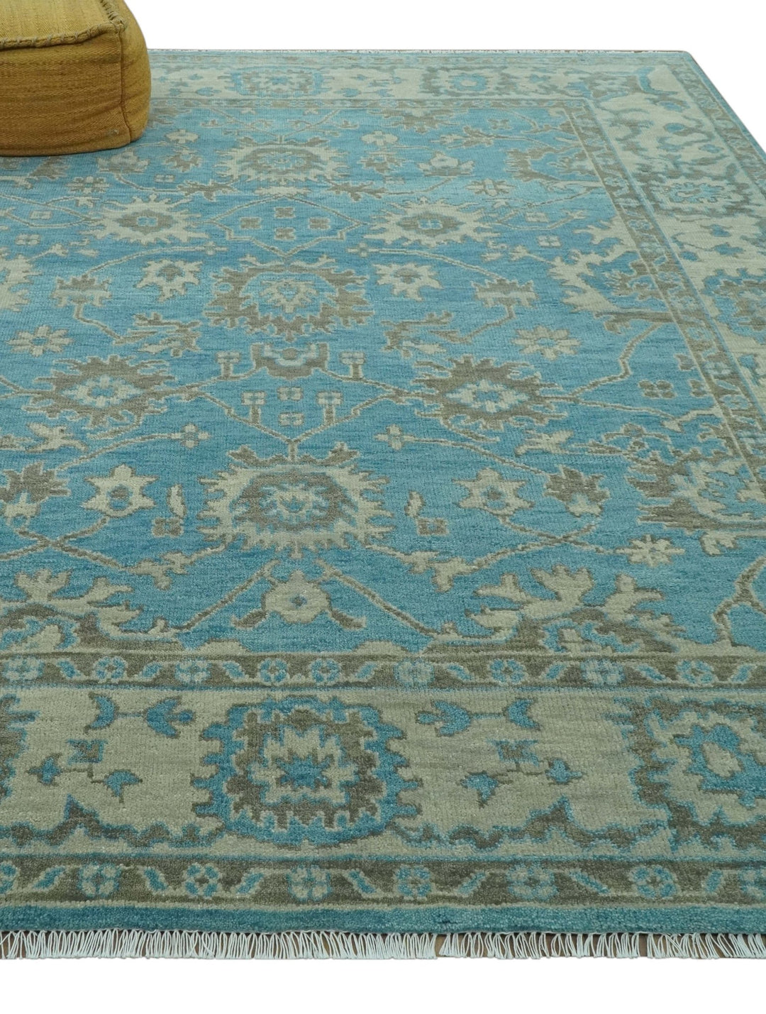Origin Custom Made Blue and Beige Oushak Hand Knotted Wool Rug - The Rug Decor