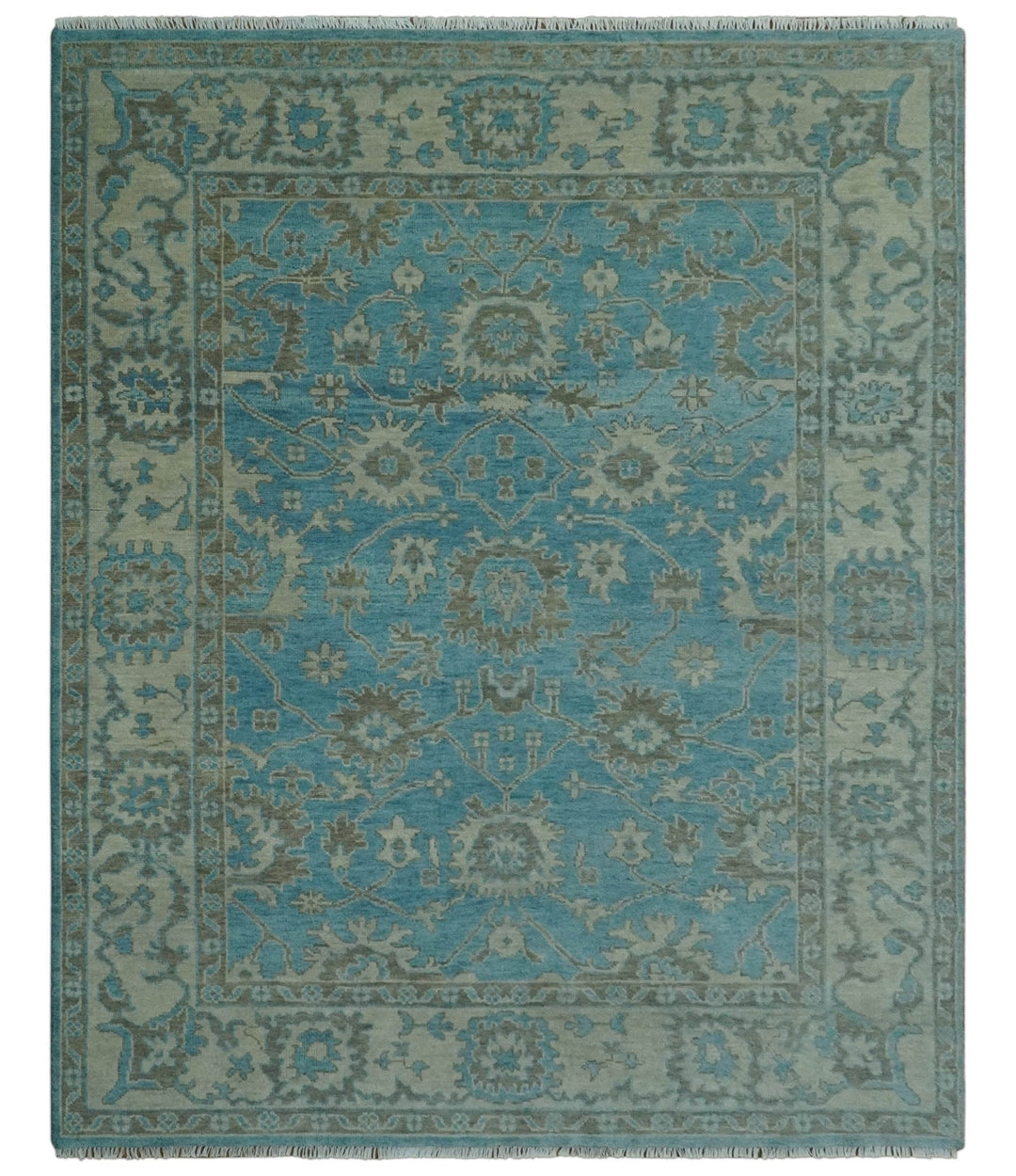 Origin Custom Made Blue and Beige Oushak Hand Knotted Wool Rug - The Rug Decor