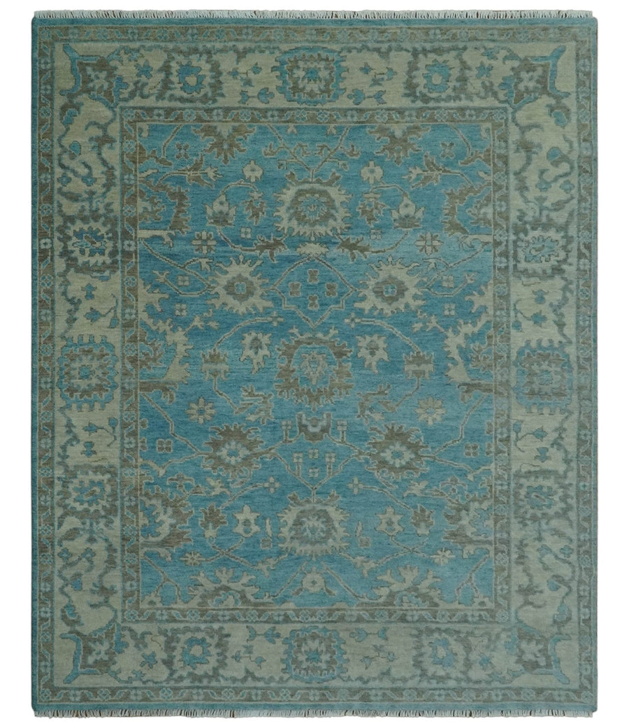 Origin Custom Made Blue and Beige Oushak Hand Knotted Wool Rug - The Rug Decor