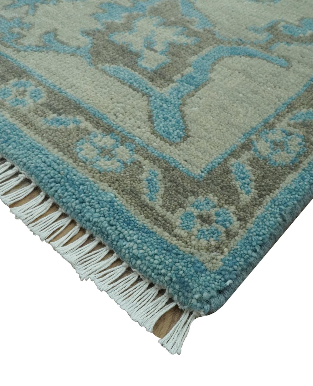 Origin Custom Made Blue and Beige Oushak Hand Knotted Wool Rug - The Rug Decor