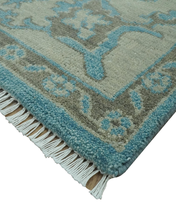 Origin Custom Made Blue and Beige Oushak Hand Knotted Wool Rug - The Rug Decor