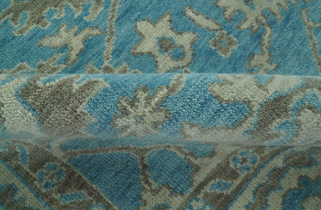 Origin Custom Made Blue and Beige Oushak Hand Knotted Wool Rug - The Rug Decor