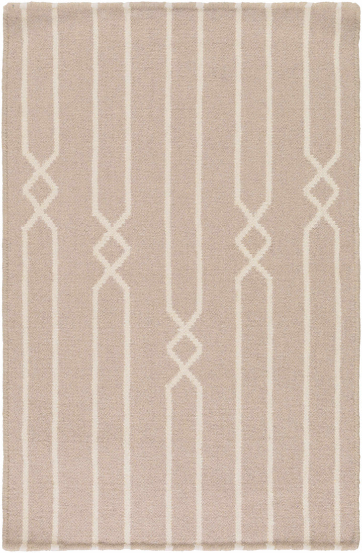 Hand-woven area rug beige with ivory vertical stripe and diamond motif, top view