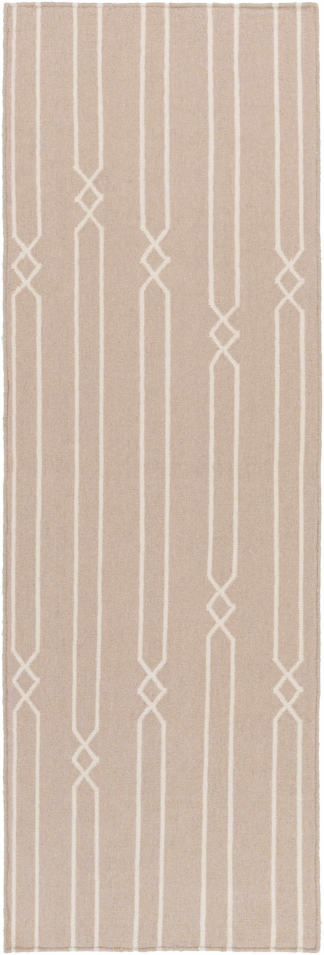 Hand-woven area rug beige with ivory vertical stripes and diamond motifs, narrow runner