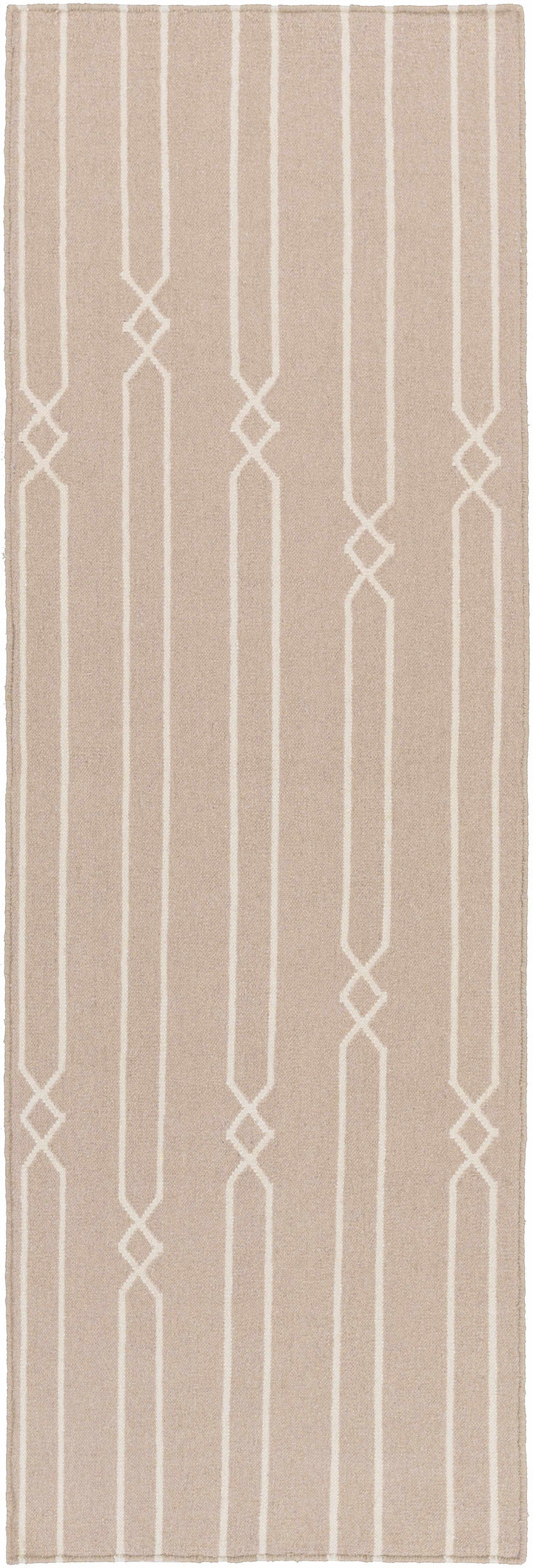 Hand-woven area rug beige with ivory vertical stripes and diamond motifs, narrow runner