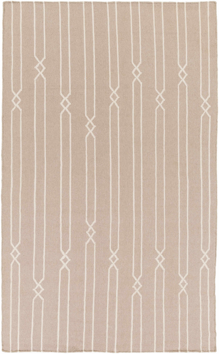 Hand-woven area rug in beige with ivory vertical line and diamond pattern, rectangle