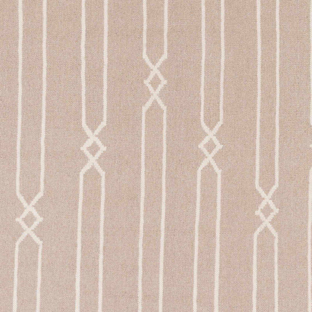 Hand-woven area rug close-up: beige ground with ivory geometric diamond stripe pattern