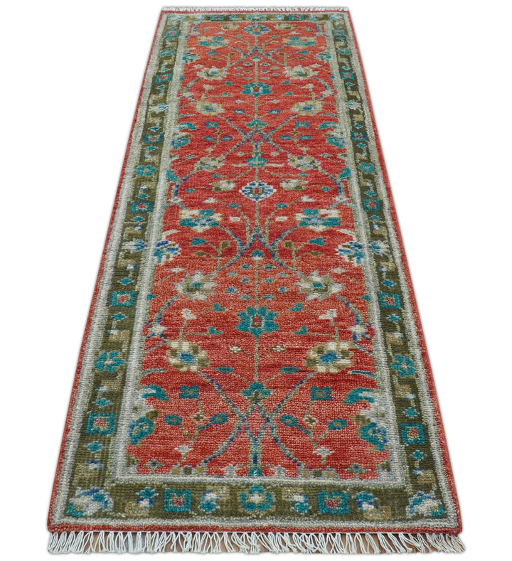 Oushak Design Red And Green 2.6x8 Hand knotted Wool Rug - The Rug Decor