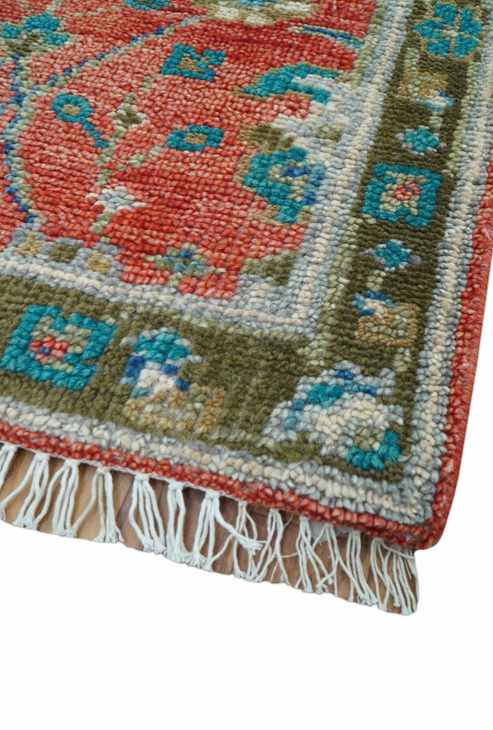 Oushak Design Red And Green 2.6x8 Hand knotted Wool Rug - The Rug Decor