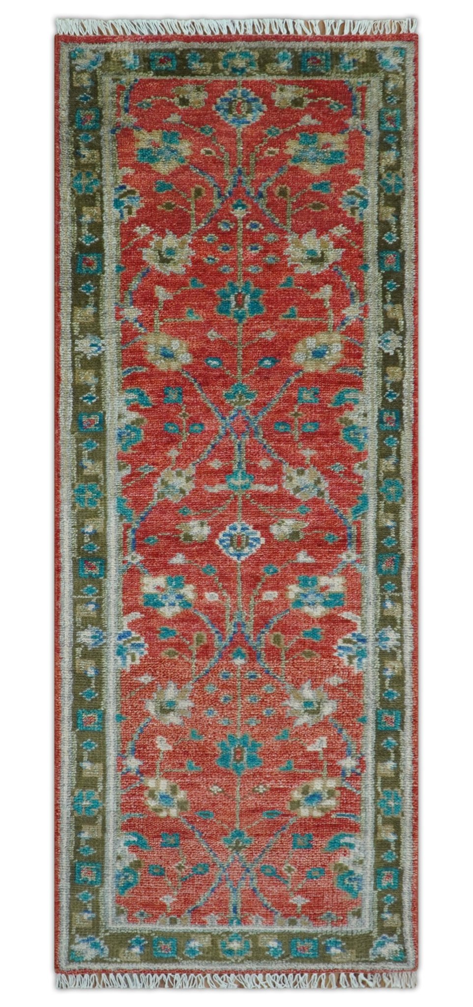 Oushak Design Red And Green 2.6x8 Hand knotted Wool Rug - The Rug Decor