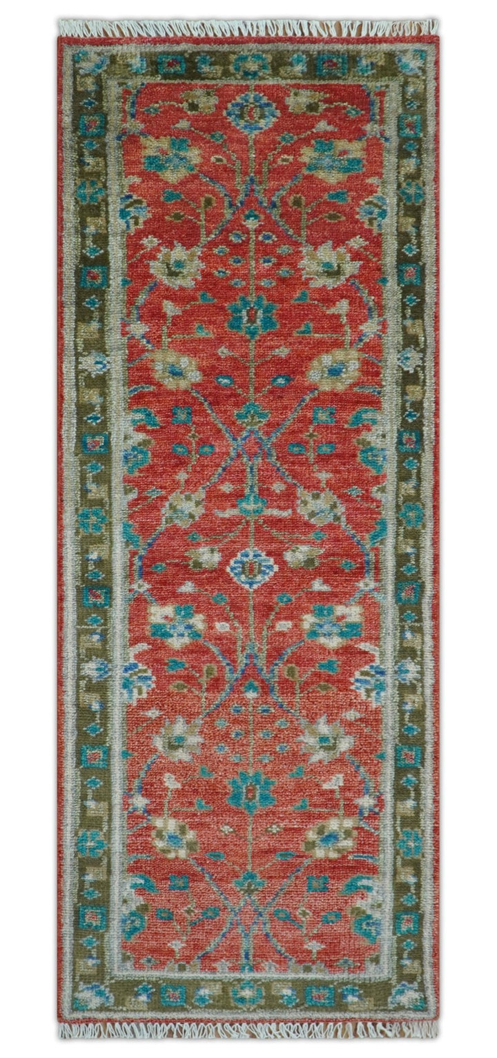 Oushak Design Red And Green 2.6x8 Hand knotted Wool Rug - The Rug Decor