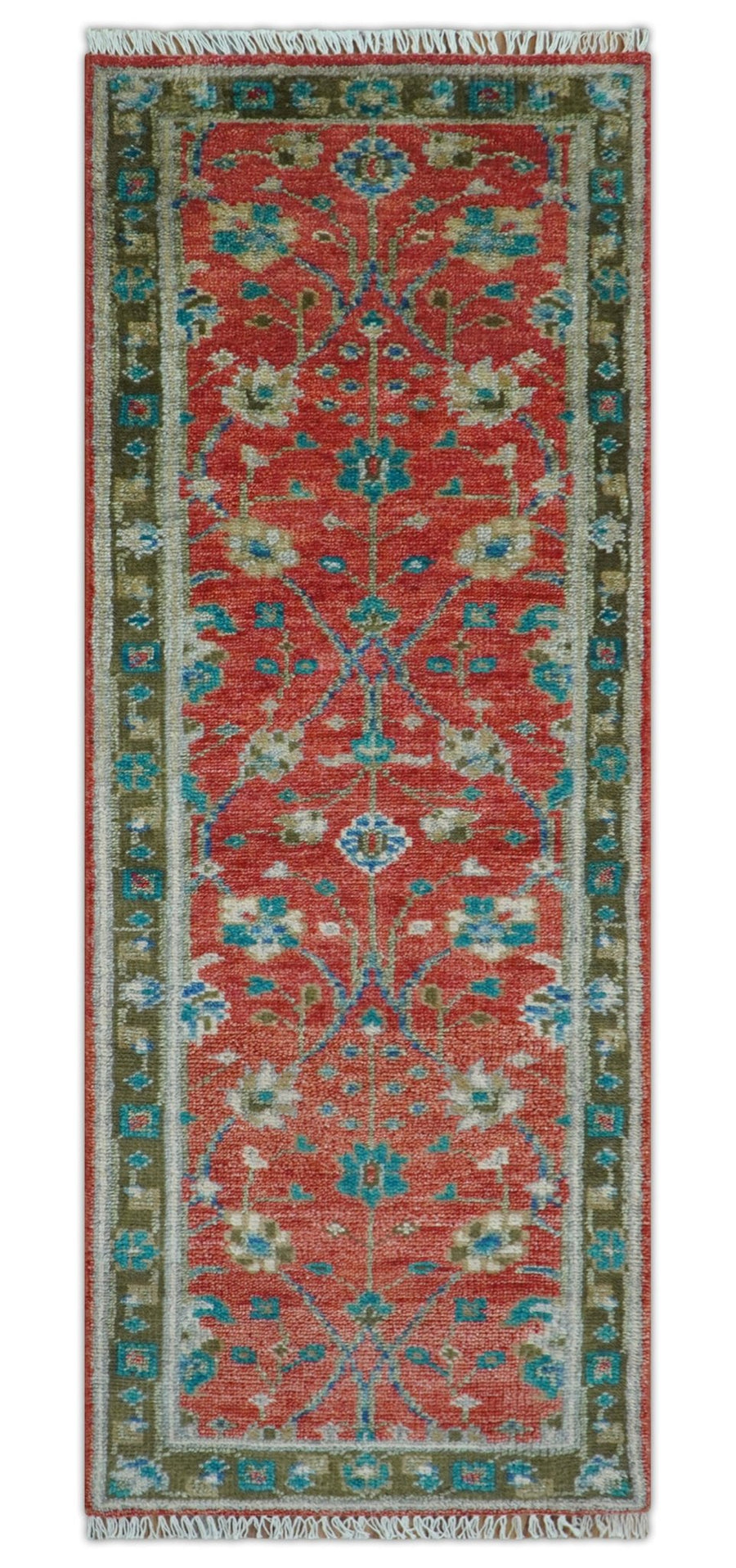 Oushak Design Red And Green 2.6x8 Hand knotted Wool Rug - The Rug Decor