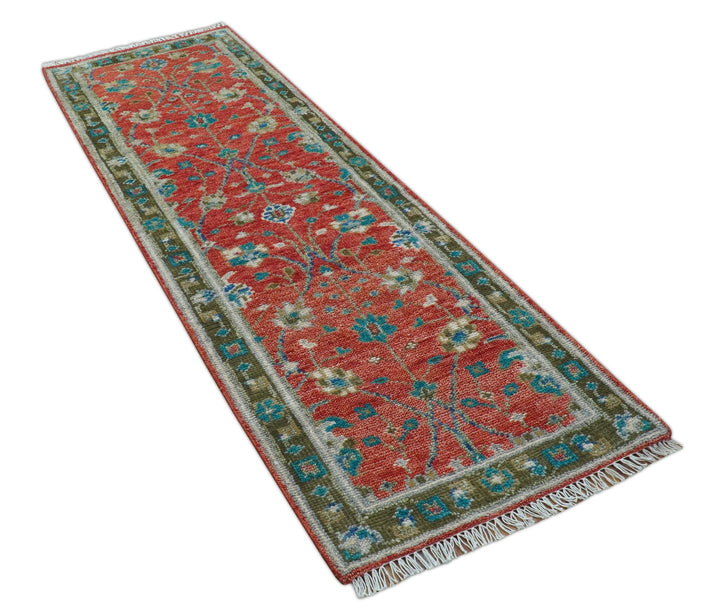 Oushak Design Red And Green 2.6x8 Hand knotted Wool Rug - The Rug Decor