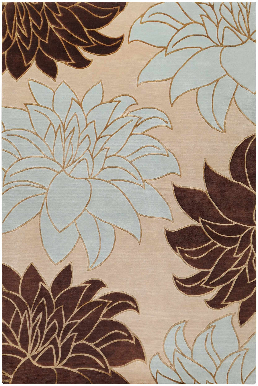 Ivory area carpet with brown and light-blue floral leaf pattern, rectangular layout
