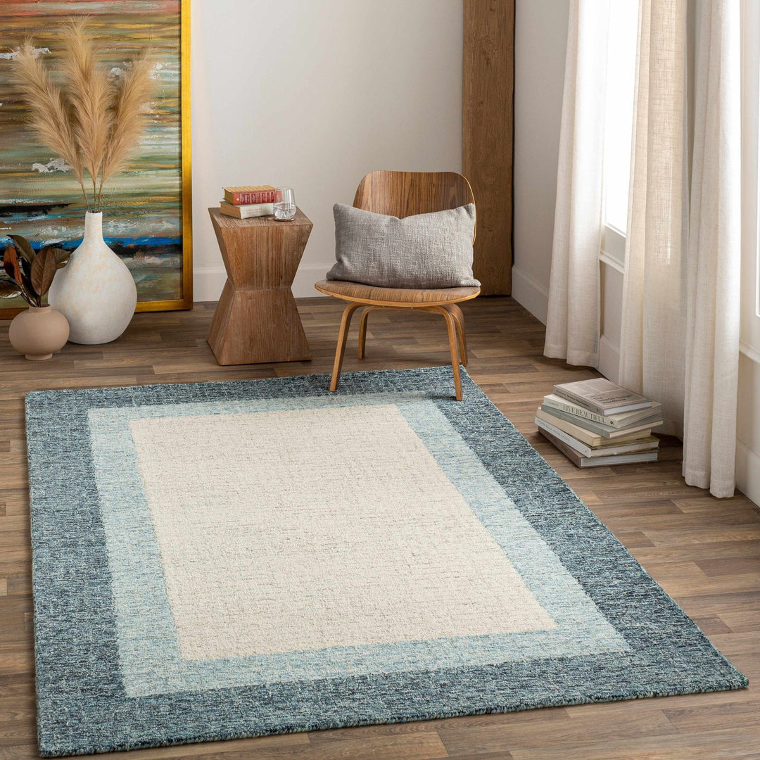 Padada Beige And Blue Bordered Wool Rug - The Rug Decor