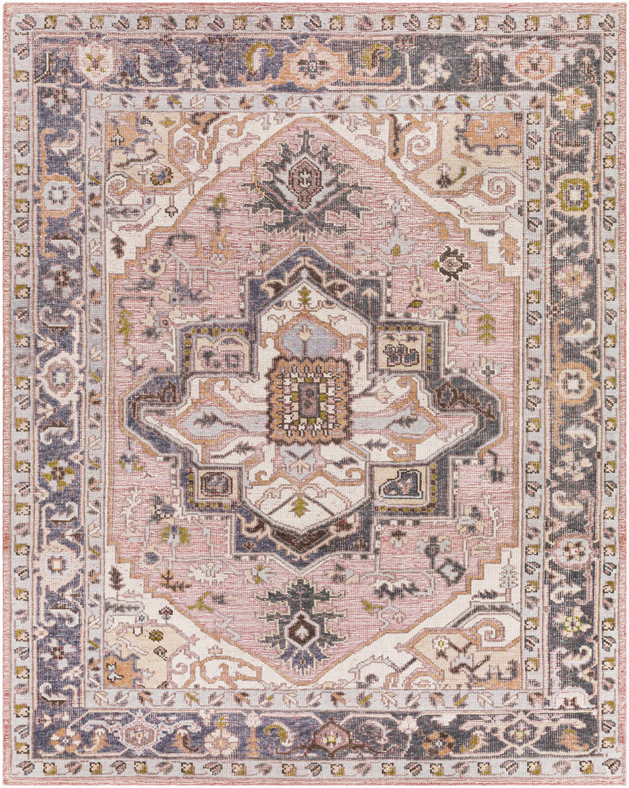 Traditional pink hand-knotted outdoor area rug with ornate medallion pattern border