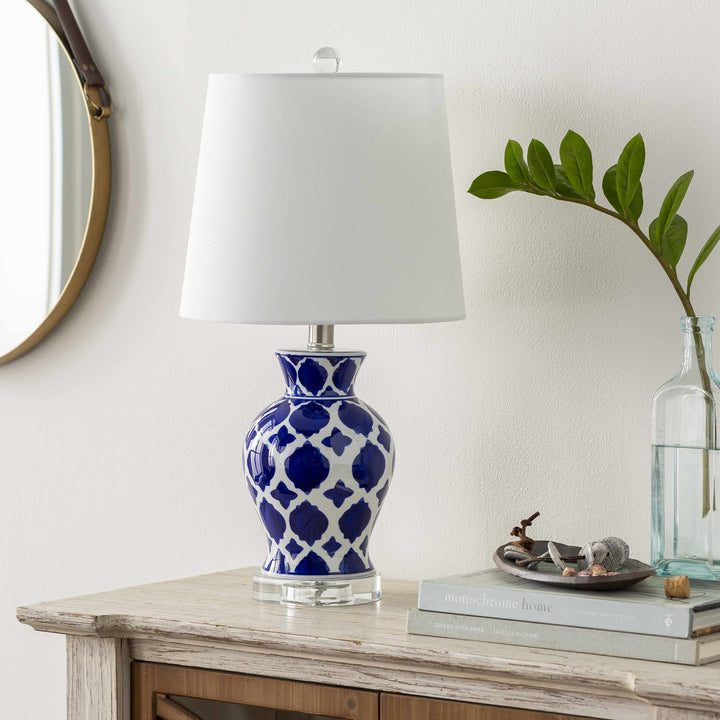 Pangian White & Blue Patterned Ceramic Table Lamp – Traditional Accent Light