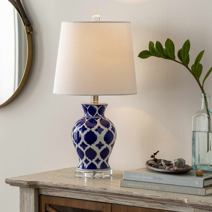 Pangian White & Blue Patterned Ceramic Table Lamp – Traditional Accent Light
