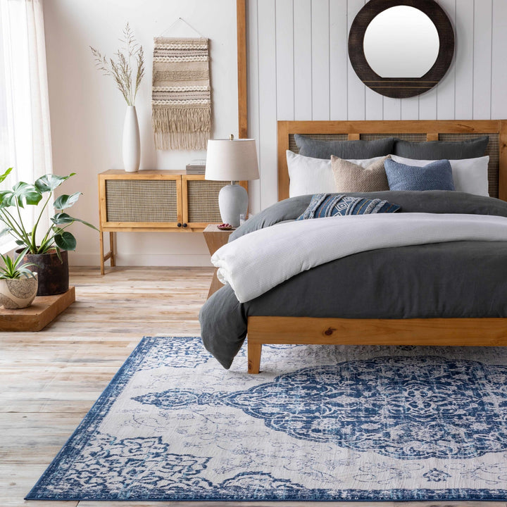 Pannal Traditional Style Ivory And Blue Area Rug - The Rug Decor