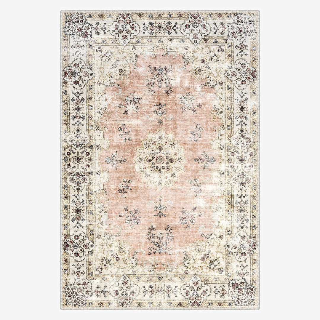Peach And Beige Traditional Floral Machine Washable Area Rug - The Rug Decor