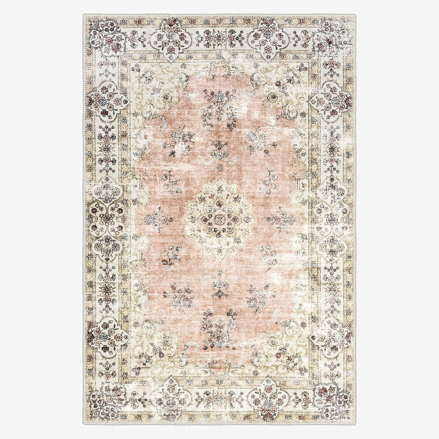 Peach And Beige Traditional Floral Machine Washable Area Rug - The Rug Decor