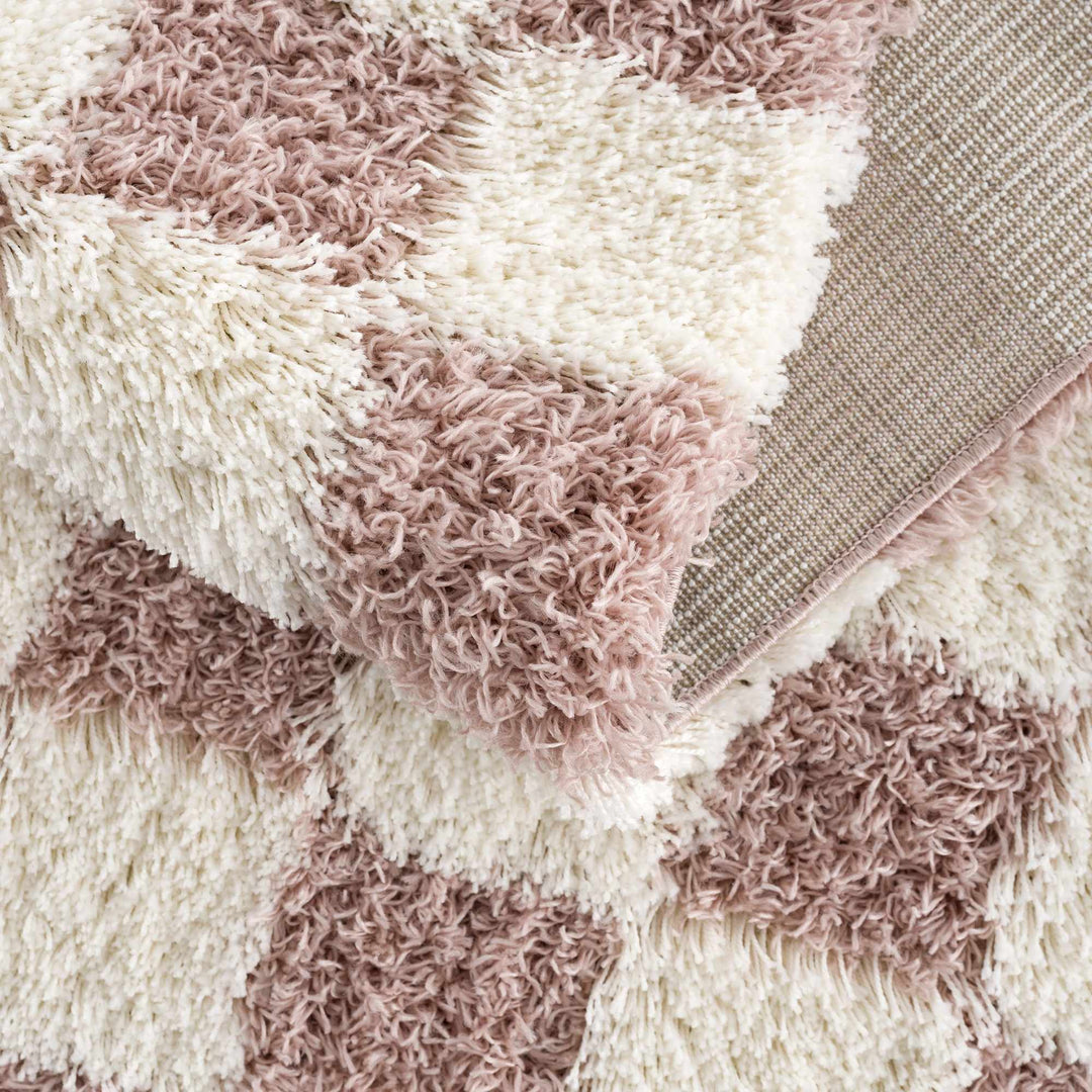 Peach and Ivory Modern Geometrical Checker Board Plush Pile Moroccan Style Area Rug - The Rug Decor