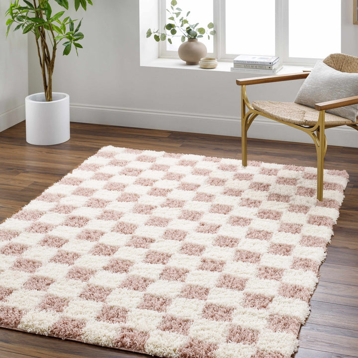 Peach and Ivory Modern Geometrical Checker Board Plush Pile Moroccan Style Area Rug - The Rug Decor