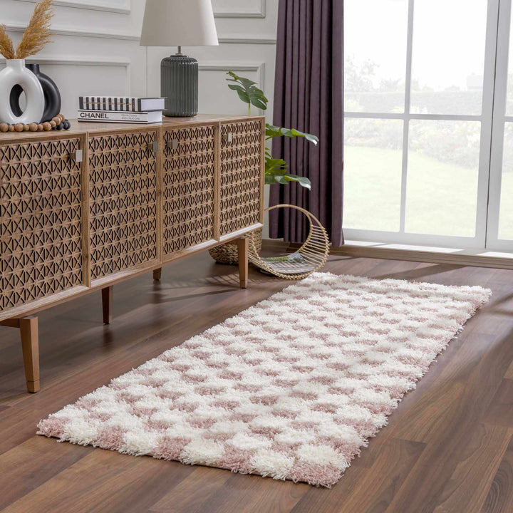 Peach and Ivory Modern Geometrical Checker Board Plush Pile Moroccan Style Area Rug - The Rug Decor