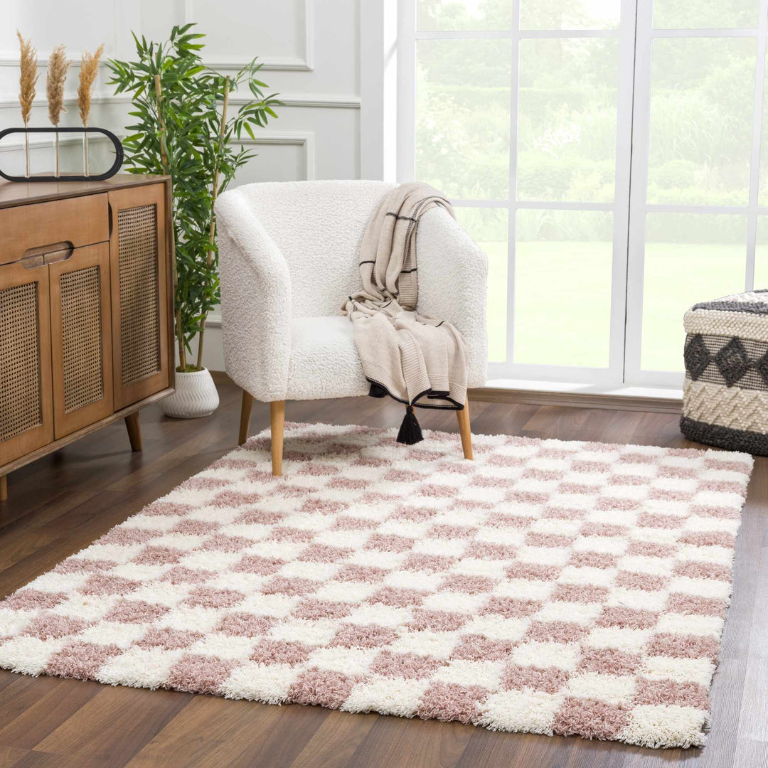 Peach and Ivory Modern Geometrical Checker Board Plush Pile Moroccan Style Area Rug - The Rug Decor