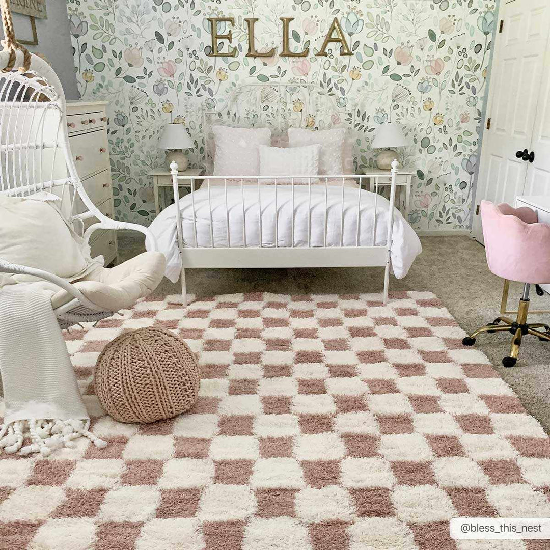 Peach and Ivory Modern Geometrical Checker Board Plush Pile Moroccan Style Area Rug - The Rug Decor