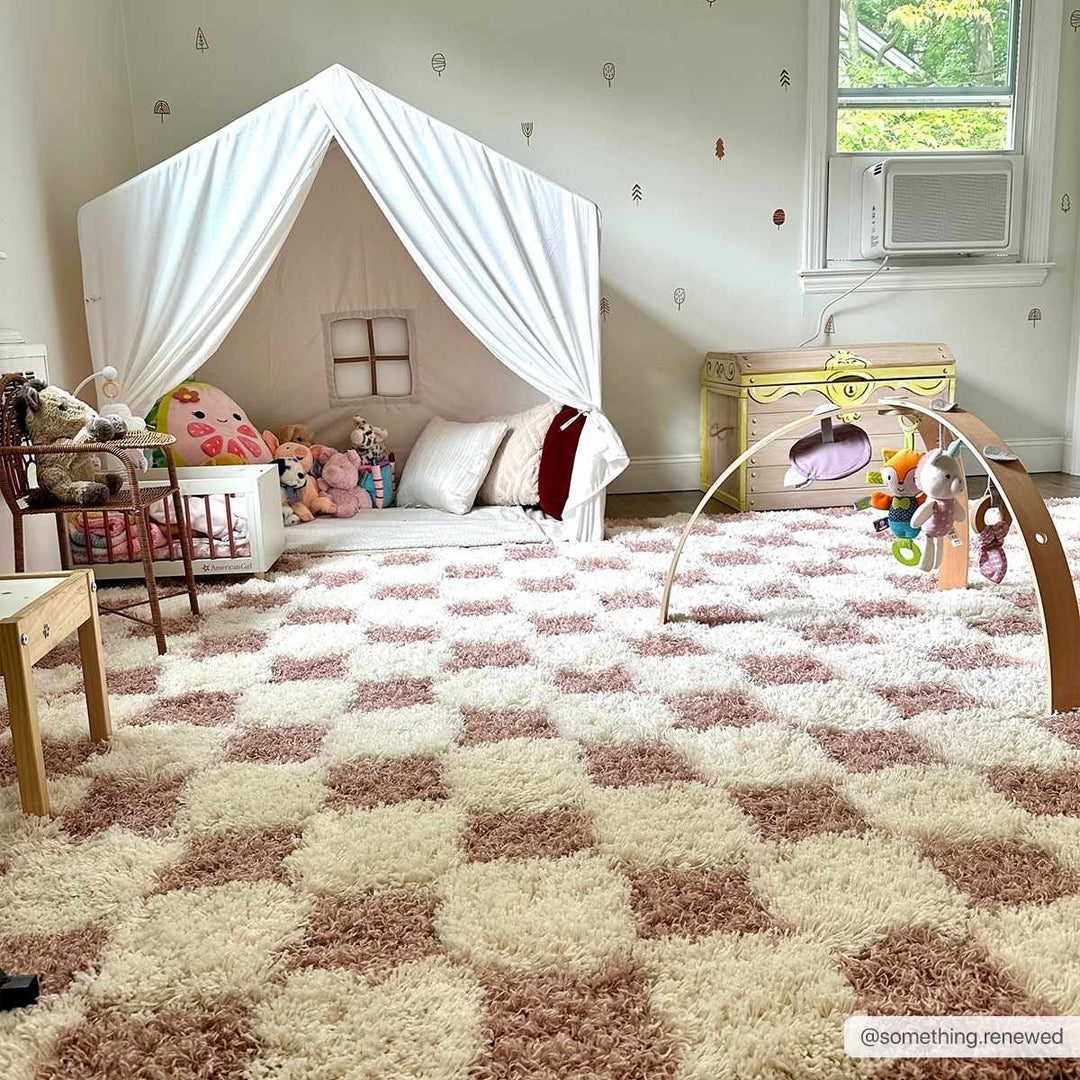 Peach and Ivory Modern Geometrical Checker Board Plush Pile Moroccan Style Area Rug - The Rug Decor