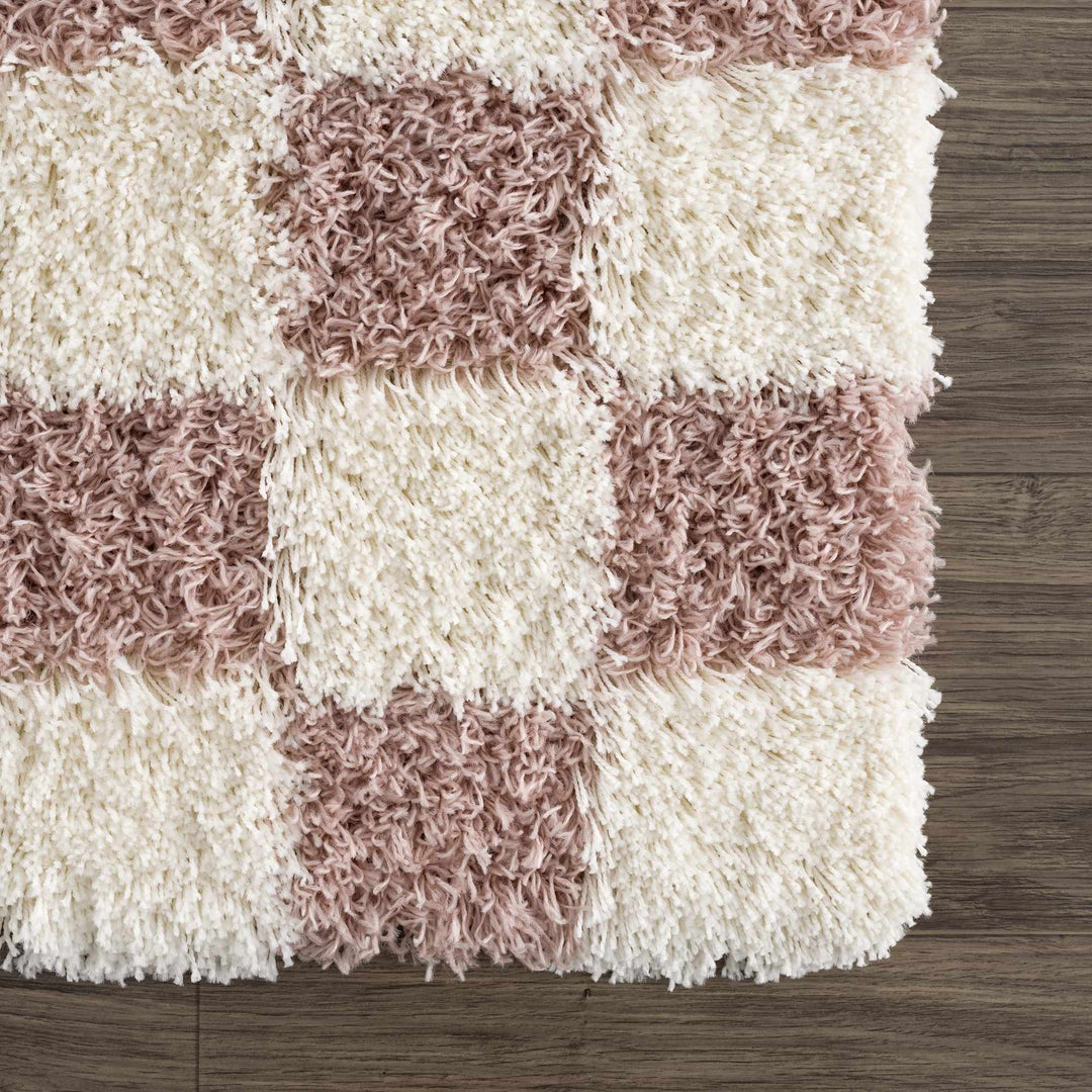 Peach and Ivory Modern Geometrical Checker Board Plush Pile Moroccan Style Area Rug - The Rug Decor
