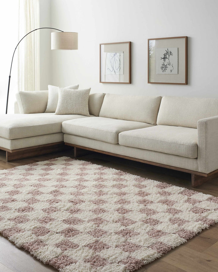 Peach and Ivory Modern Geometrical Checker Board Plush Pile Moroccan Style Area Rug - The Rug Decor