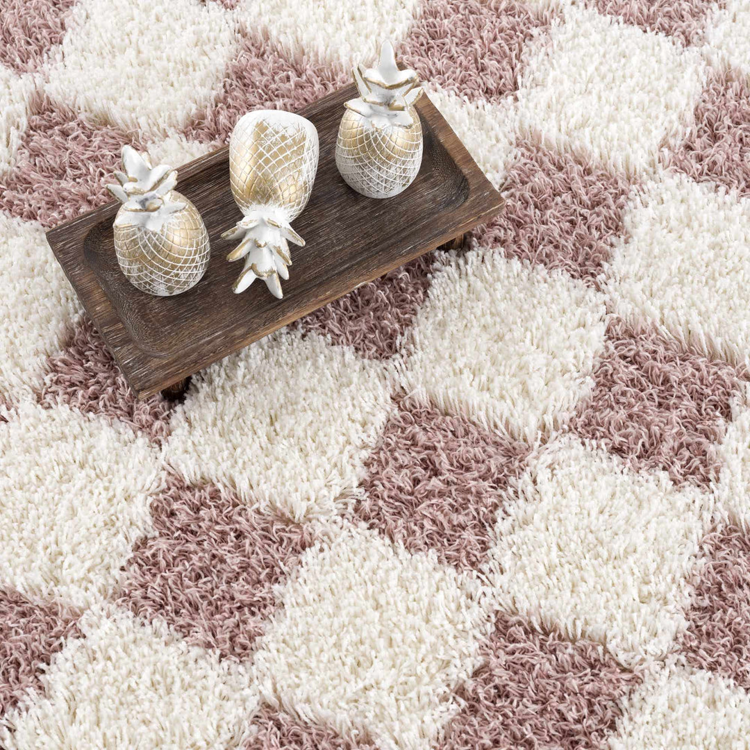 Peach and Ivory Modern Geometrical Checker Board Plush Pile Moroccan Style Area Rug - The Rug Decor
