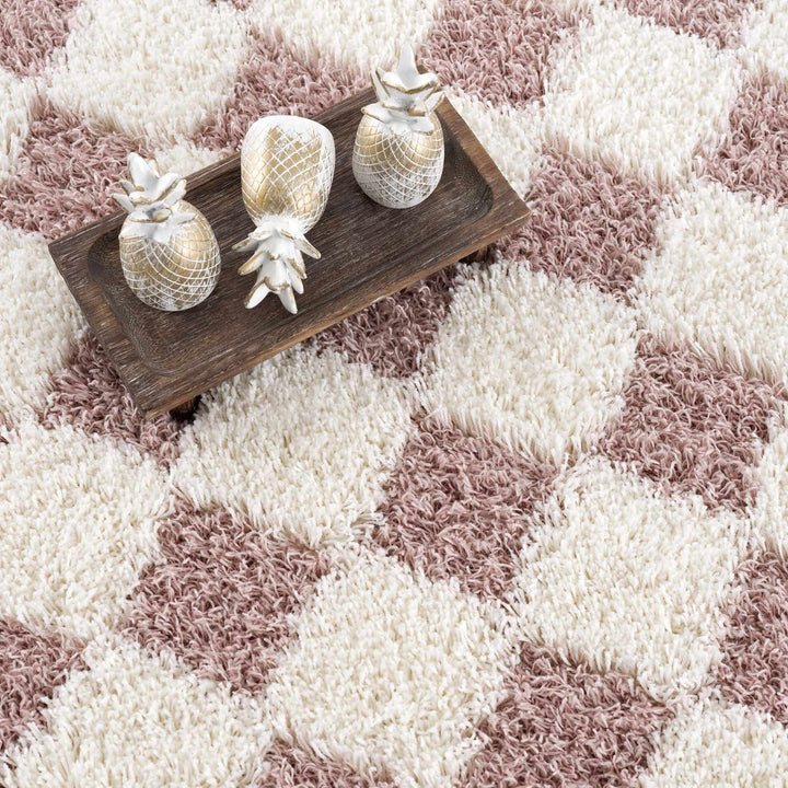 Peach and Ivory Modern Geometrical Checker Board Plush Pile Moroccan Style Area Rug - The Rug Decor
