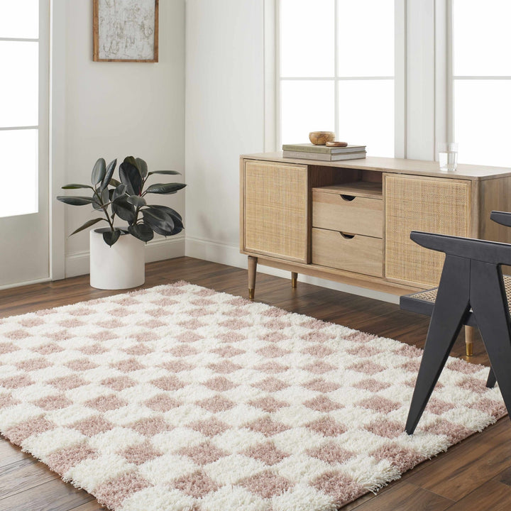 Peach and Ivory Modern Geometrical Checker Board Plush Pile Moroccan Style Area Rug - The Rug Decor