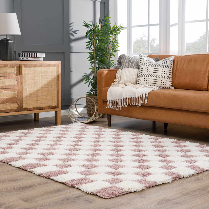 Peach and Ivory Modern Geometrical Checker Board Plush Pile Moroccan Style Area Rug - The Rug Decor