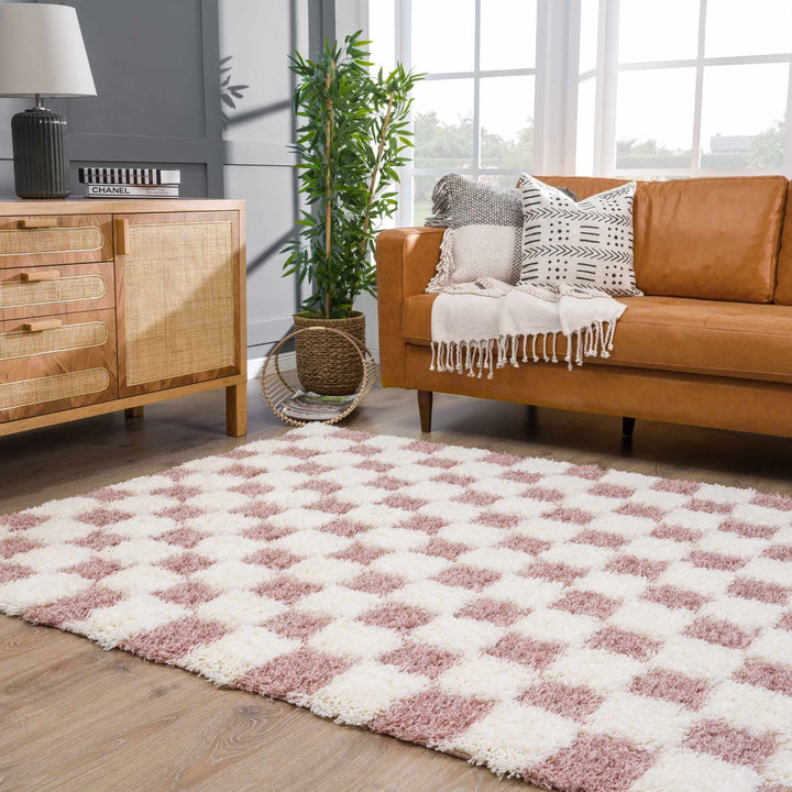 Peach and Ivory Modern Geometrical Checker Board Plush Pile Moroccan Style Area Rug - The Rug Decor