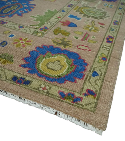 Peach, Blue and Olive Hand knotted Traditional Custom Made Oushak wool Area Rug - The Rug Decor