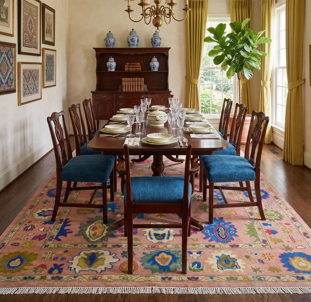 Peach, Blue and Olive Hand knotted Traditional Custom Made Oushak wool Area Rug - The Rug Decor