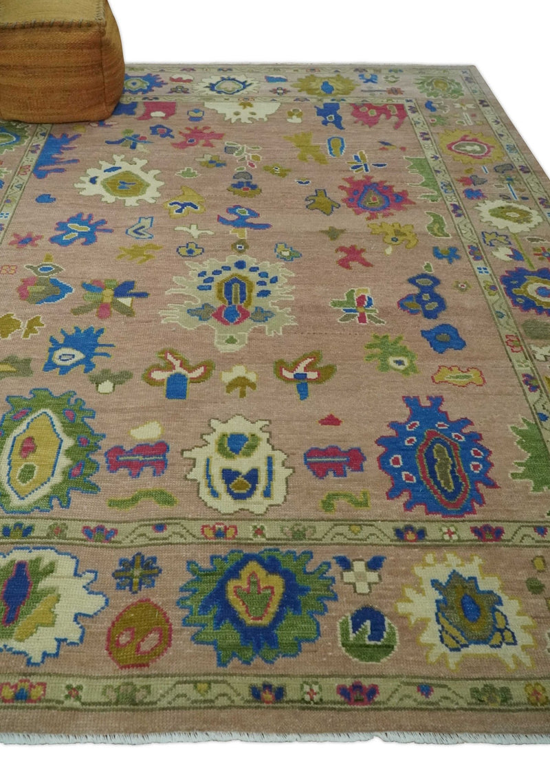 Peach, Blue and Olive Hand knotted Traditional Custom Made Oushak wool Area Rug - The Rug Decor