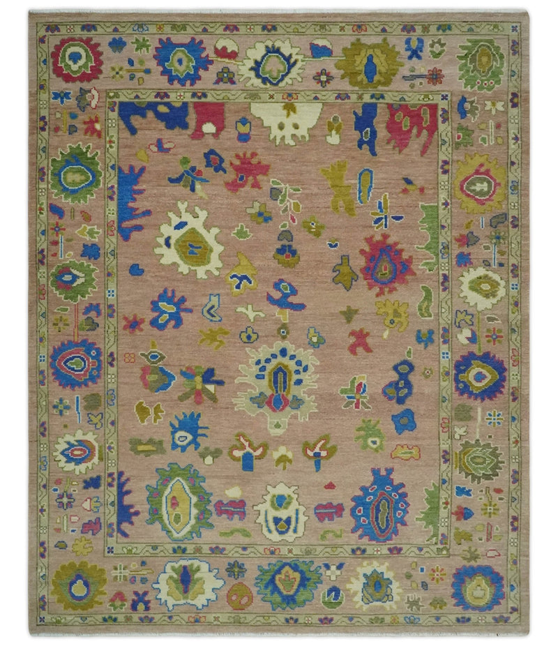 Peach, Blue and Olive Hand knotted Traditional Custom Made Oushak wool Area Rug - The Rug Decor